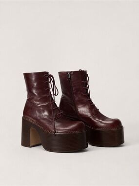 Platform Lace-Up Leather Ankle Boots in Wine Red- size 40